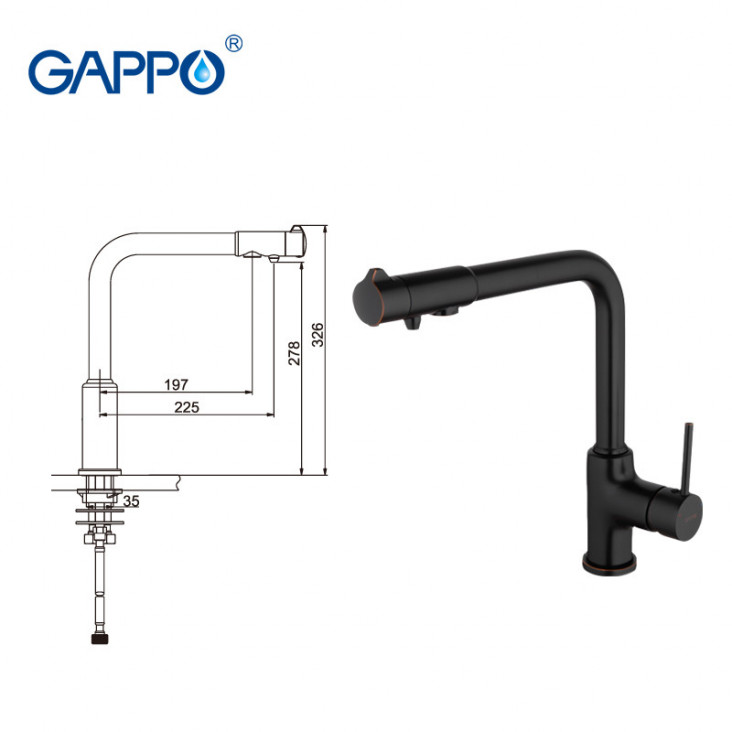 Змішувач для кухні GAPPO G4390-10 із підключенням фільтра питної води, чорний фото