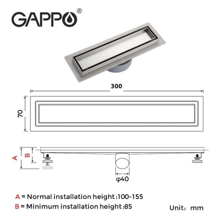 Трап для душу GAPPO G83007-4, 70х300 мм, нержавіюча сталь, під плитку, сатин фото