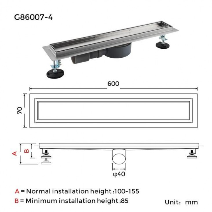 Трап для душу GAPPO G86007-4, 70х600 мм, нержавіюча сталь, під плитку, сатин фото